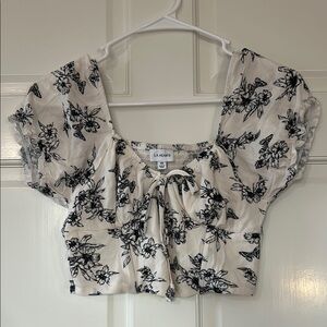 La Hearts Black and White Crop Blouse with Tie Front